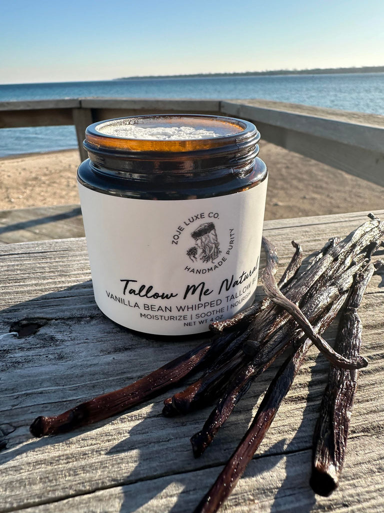 Grass-fed Tallow is nutrient-rich, anti-inflammatory, anti-microbial, and most compatible with our skin's natural makeup and structure. Vanilla Bean essential oil gives the butter a delicious, sweet-smelling aroma.